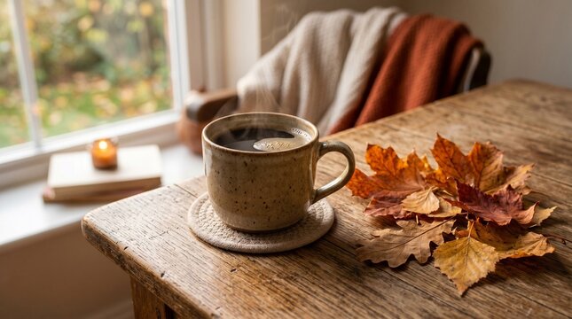 Cozy autumn morning with a steaming cup of coffee and fall leaves