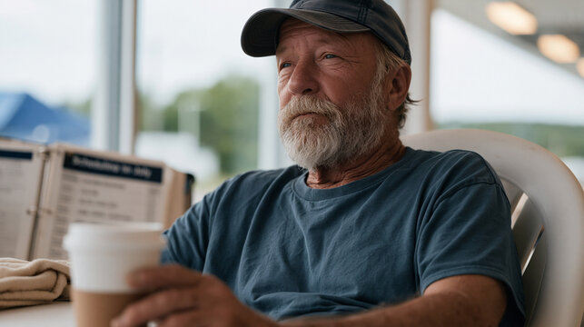 Burned-out volunteer slumped in break room plastic chair at food bank, staring at untouched cup going cold, scheduling binder open to an overbooked July shift calendar,