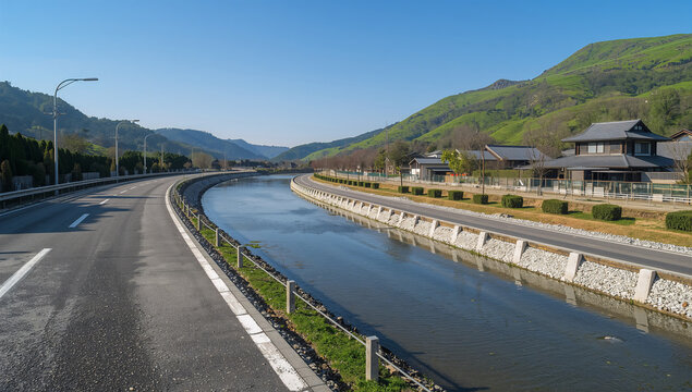 春の山村で復旧した清流沿いの道路が穏やかに続く風景
