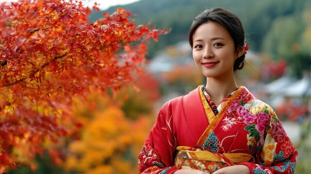 Elegant Kimono Beauty in Autumn: A beautiful young woman adorned in a vibrant, intricately patterned kimono poses gracefully against a backdrop of stunning autumn foliage.