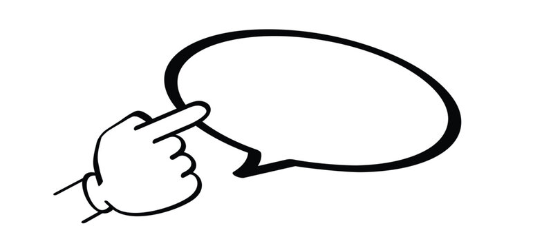 Cartoon speech bubble with hand pointing to ballon. Point comic. Hand pointing upwards like an index finger or a check gesture. Ideas label. Talk bubble or  bubble concept