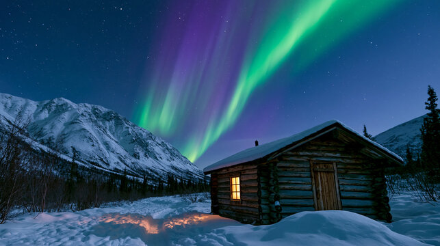 Green and purple northern lights aurora borealis over log cabin in snow, Brooks Range Alaska scenic, natural phenomenon, winter landscape, architectural setting, with copy space