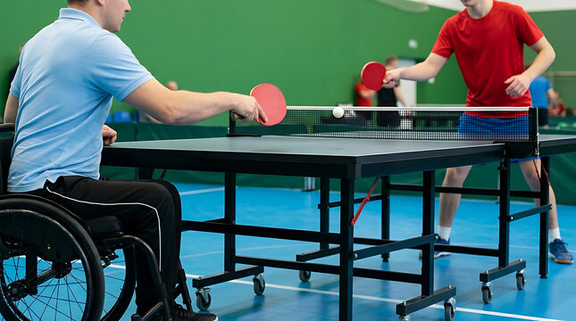 Athletes with disabilities playing table tennis in a competitive match