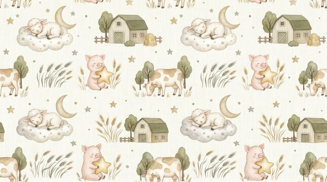 Gentle watercolor pattern shows lambs sleeping on clouds, pigs holding stars, and cows near barns