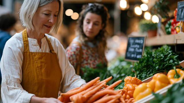 Grocery store employee stacking misshapen carrots and knobby bell peppers onto a dedicated ugly produce discount display shelf, nearby signage explaining food waste reduction