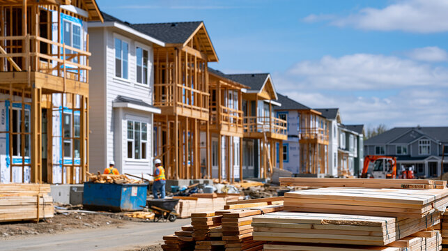 On-site house construction activities highlighting building materials and workers, residential development, construction process, materials handling, building progress, with copy