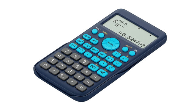 Scientific calculator with mathematical equation on display isolated on transparent background