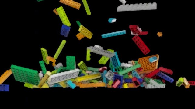 Toy plastic building bricks falling and rotating in slow motion sketch version footage with alpha channel (ProRes, 4K only). 3D FX animation.
