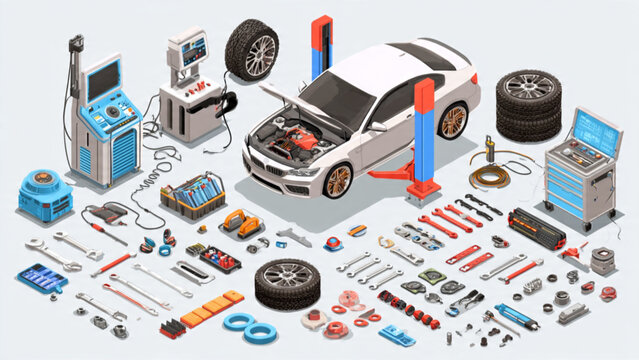 Detailed Car Parts and Tools for Vehicle Repair.