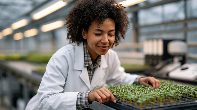 Plant geneticist in a biosafety research greenhouse carefully examining a gene-edited drought-tolerant sorghum seedling tray under grow lights, annotated trait selection binders