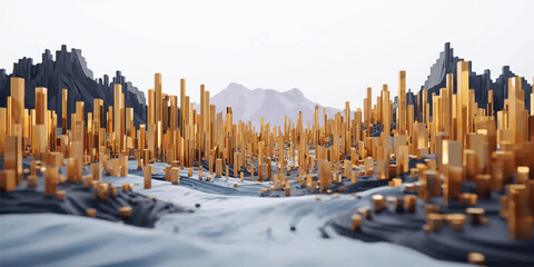 A wide winter panorama reveals a snow-covered mountain landscape under a cloudy sky, where a distant urban city skyline and frosty pine forest line the cold road © JAHURA
