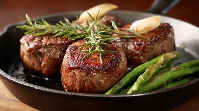 Pan-Seared Steaks in Cast Iron: Savor the rich flavor and savory aroma of perfectly pan-seared steaks, nestled in a cast-iron skillet and garnished with fresh rosemary and garlic.