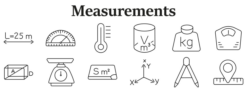 Measurements set icon. Line icons depict length arrow, protractor, thermometer, volume cylinder, weight kilogram, scale, geometric block, weighing scale, area sheet, axis diagram, compass