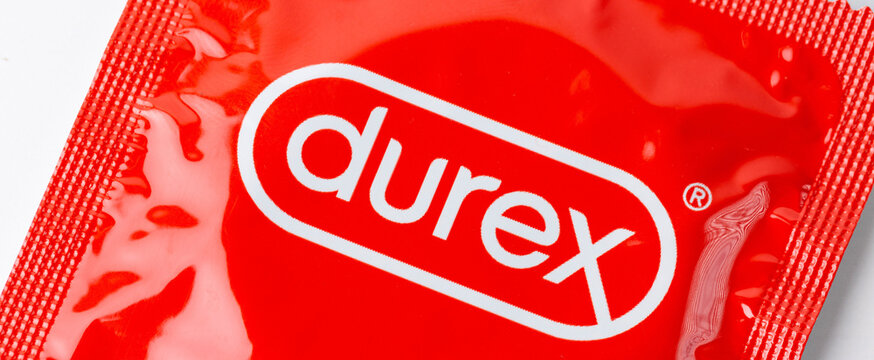 A picture of a red condom package of the brand Durex.