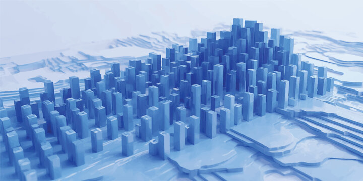 Futuristic urban cityscape with abstract blue buildings and technological cubes featuring binary code
