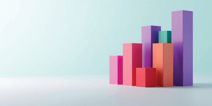 A 3d illustration of a colorful financial business graph and bar chart with a red growth arrow showing company data success and market progress