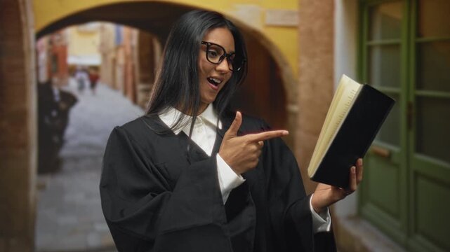 Woman judge points finger to book while reading aloud in a narrow cobblestone street with archway; authority confidence.
