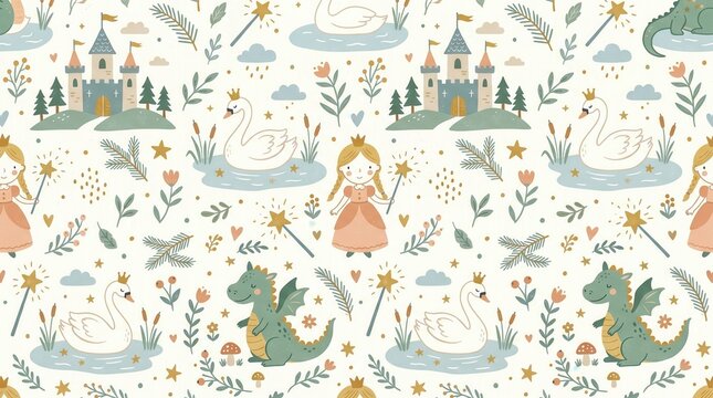 Repeating pattern of princesses, dragons, swans, and castles in an enchanting fairy tale land