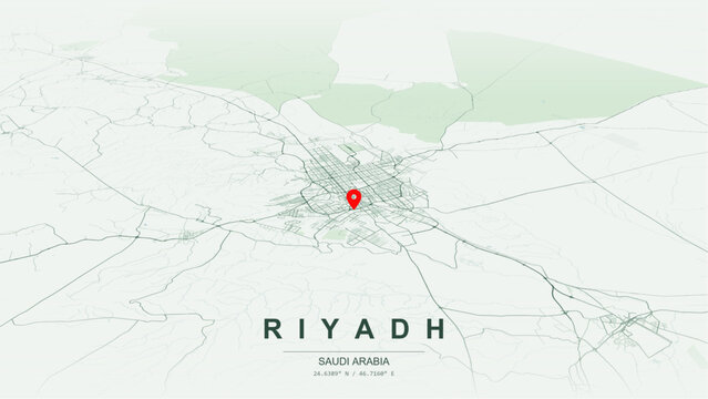 Modern minimalist vector map of Riyadh, Saudi Arabia. High-quality scalable illustration of Riyadh city grid, Wadi Hanifa, and Riyadh metropolitan highway networks for posters design. 
