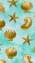 Golden seashell and starfish pattern on pastel watercolor background, marine life illustration, ocean elements, decorative texture, summer design, wallpaper and gift wrapping,