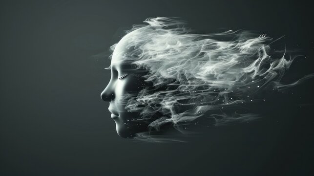 Abstract portrait of a human face emerging from smoke in monochromatic