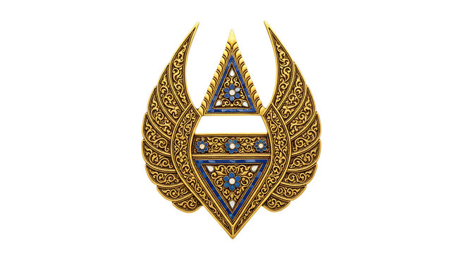 Intricately designed gold and blue ornamental emblem with winged triangular shapes isolated on transparent background
