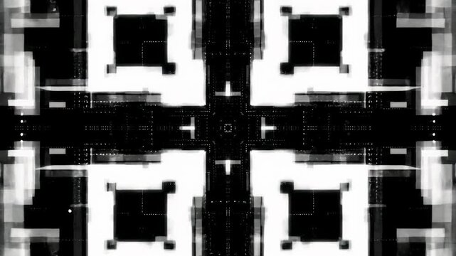 Mesmerizing, high-contrast 4k cgi abstract digital motion graphics. white & black geometric patterns, micro-dots expand, contract, invert on backgrounds, razor-sharp, soft glow. advanced analytics