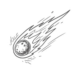 Hand drawn of a dark grey comet with a fiery tail streaking across a white meteor © Mehedi