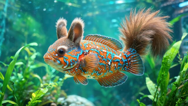 Fantasy Hybrid Aquatic Creature with Rabbit Ears, Colorful Spotted Fish Body and Fluffy Mammalian Tail Swimming in Planted Freshwater Aquarium