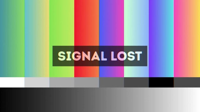 Interrupted broadcast display featuring classic color bars and a 'signal lost' message, symbolizing transmission failure