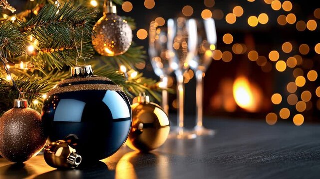 Christmas tree decorations with ornaments and glasses on table near fireplace and lights in background during holiday season