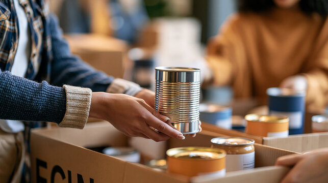 Faceless people donating food to charity food bank collection in community center, charitable giving, food donation, community service, charitable activity, with copy space