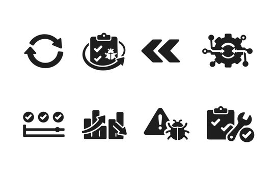 Regression Testing Icons. Regression Testing. Filled icon set of Regression Testing: repeat cycle, test rerun,