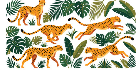 Cheetah and leopard wild cat vector pattern set with tropical jungle leaves monstera and palm foliage isolated on white background © MdAbusufian