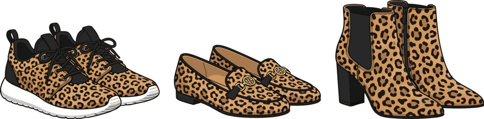 Fashionable women shoes collection vector illustration with leopard print pattern featuring sneakers loafers and ankle boots isolated on white background © MdAbusufian