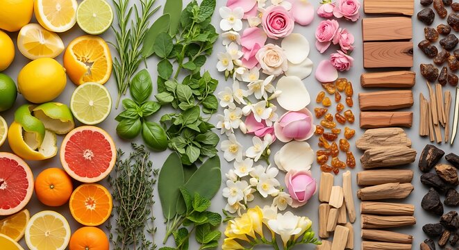 Fresh citrus fruits herbs flowers and spices arranged in vertical rows on a flat surface. scent pairing charts