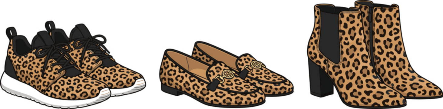 Fashionable women shoes collection vector illustration with leopard print pattern featuring sneakers loafers and ankle boots isolated on white background
