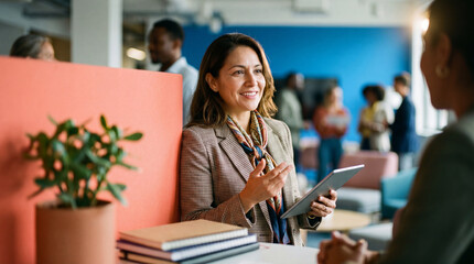 Fototapeta premium Hispanic woman smiling while holding tablet and conversing with colleague in modern office lounge, warm professional atmosphere and friendly networking moment