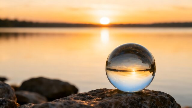 Glass sphere on rock at sunset