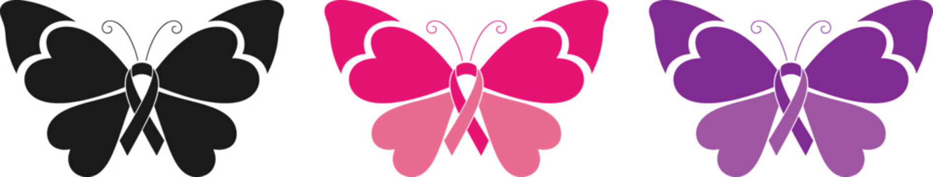 Breast cancer awareness month butterfly ribbon symbol in black pink and purple