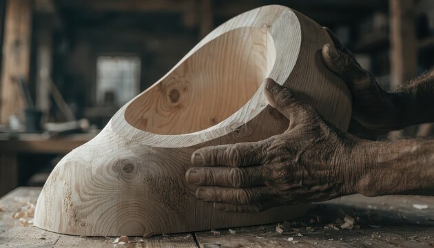 Artisans Hands Gently Shaping a Wooden Sculpture in a Rustic Workshop, Highlighting Craftsmanship and Woodworking Detail