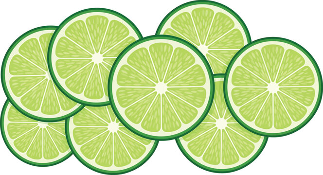 Set of fresh green lime slices arranged in a group with citrus fruit refreshment vegetarian ingredient nutrition culinary illustration isolated background collection