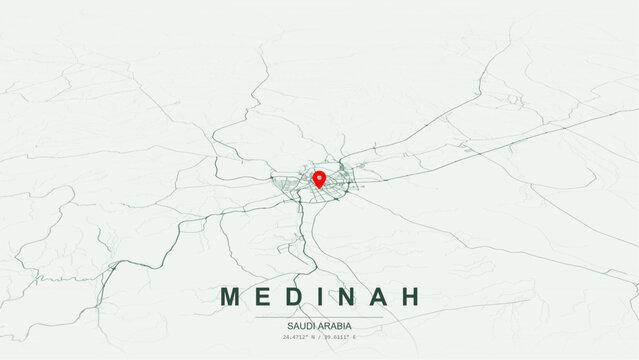 Modern minimalist vector map of Medina (Madinah), Saudi Arabia. High-quality scalable illustration of Madinah city grid, and metropolitan ring road highway networks for posters design.