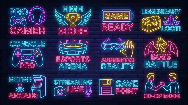 Vibrant neon gaming icons set, showcasing esports, retro arcade, augmented reality, and various digital game elements for an immersive experience