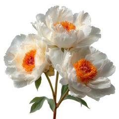 Fototapeta premium Delicate white peony flowers with vibrant orange centers isolated on transparent background