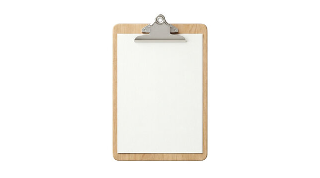 Wooden clipboard with blank white paper isolated on transparent background