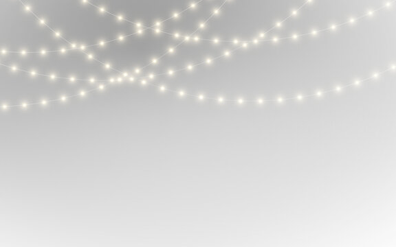PNG. Christmas string lights garland isolated on transparent background. Warm glowing bulbs for winter decoration style. Vector element for cards.