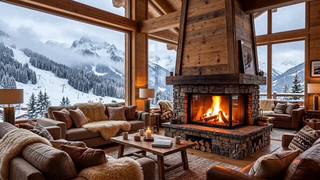 Cozy grand modern alpine ski hotel lounge with a crackling central stone fireplace, plush sofas with sheepskin throws and snow falling over the ski slopes beyond panoramic windows &mdash; seamless looping b