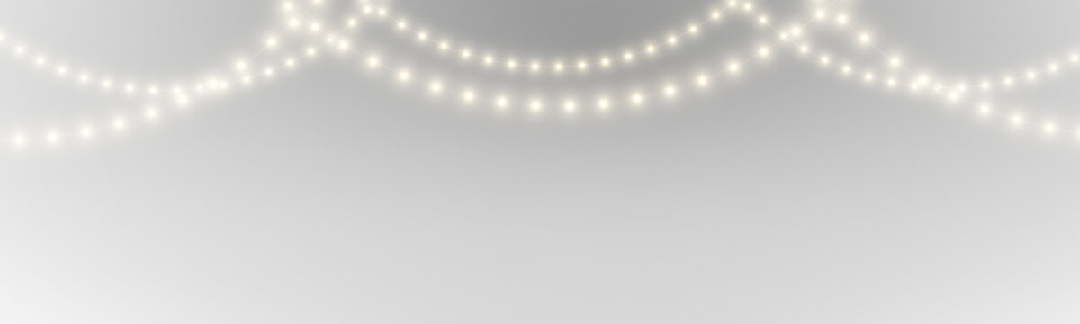 PNG. Christmas glowing string lights garland on transparent background. Bright bulbs for festive use. Vector isolated element for banners.