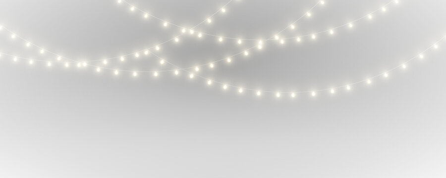 PNG. New Year LED garland lights isolated on transparent background. Festive glowing bulbs for decor. Vector element for design work.